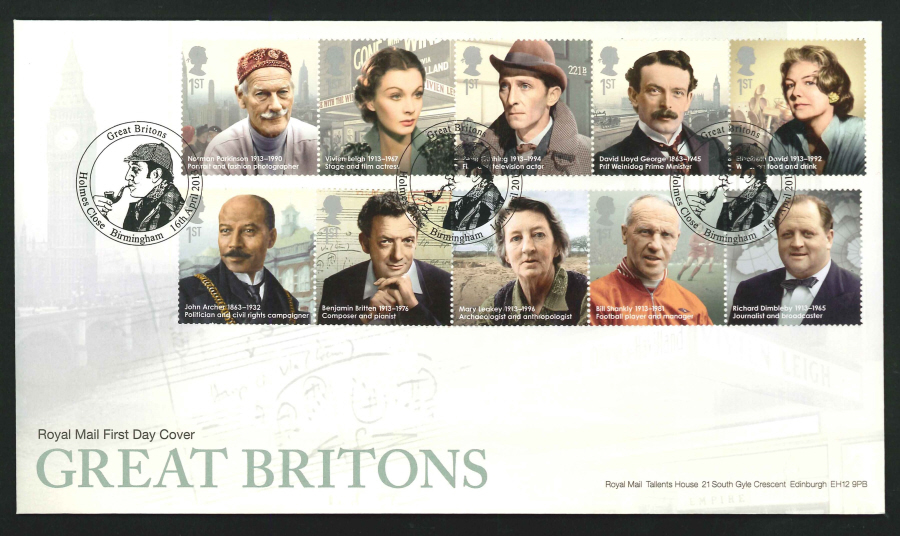 2013 - Great Britons First Day Cover, Holmes Close Birmingham Postmark