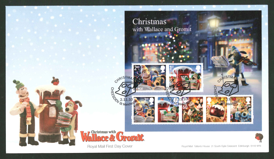 2010 - Christmas Mini Sheet First Day Cover, Cheesden Gt Manchester Postmark