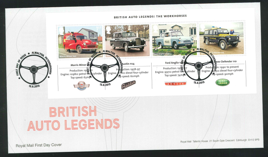 2013 - British Auto Legends Miniature Sheet First Day Cover, FDI Pictorial Alwalton Postmark - Click Image to Close