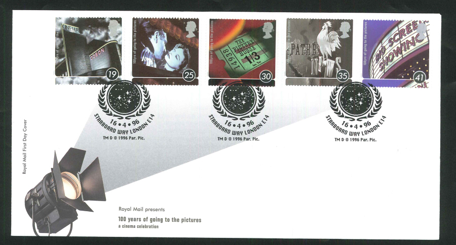 1996 Cinema FDC Starboard Way London E14 Handstamp - Click Image to Close