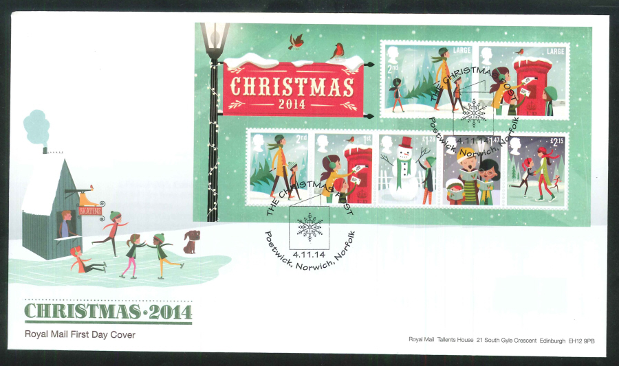 2014 Christmas Mini Sheet FDC Postwick Handstamp - Click Image to Close