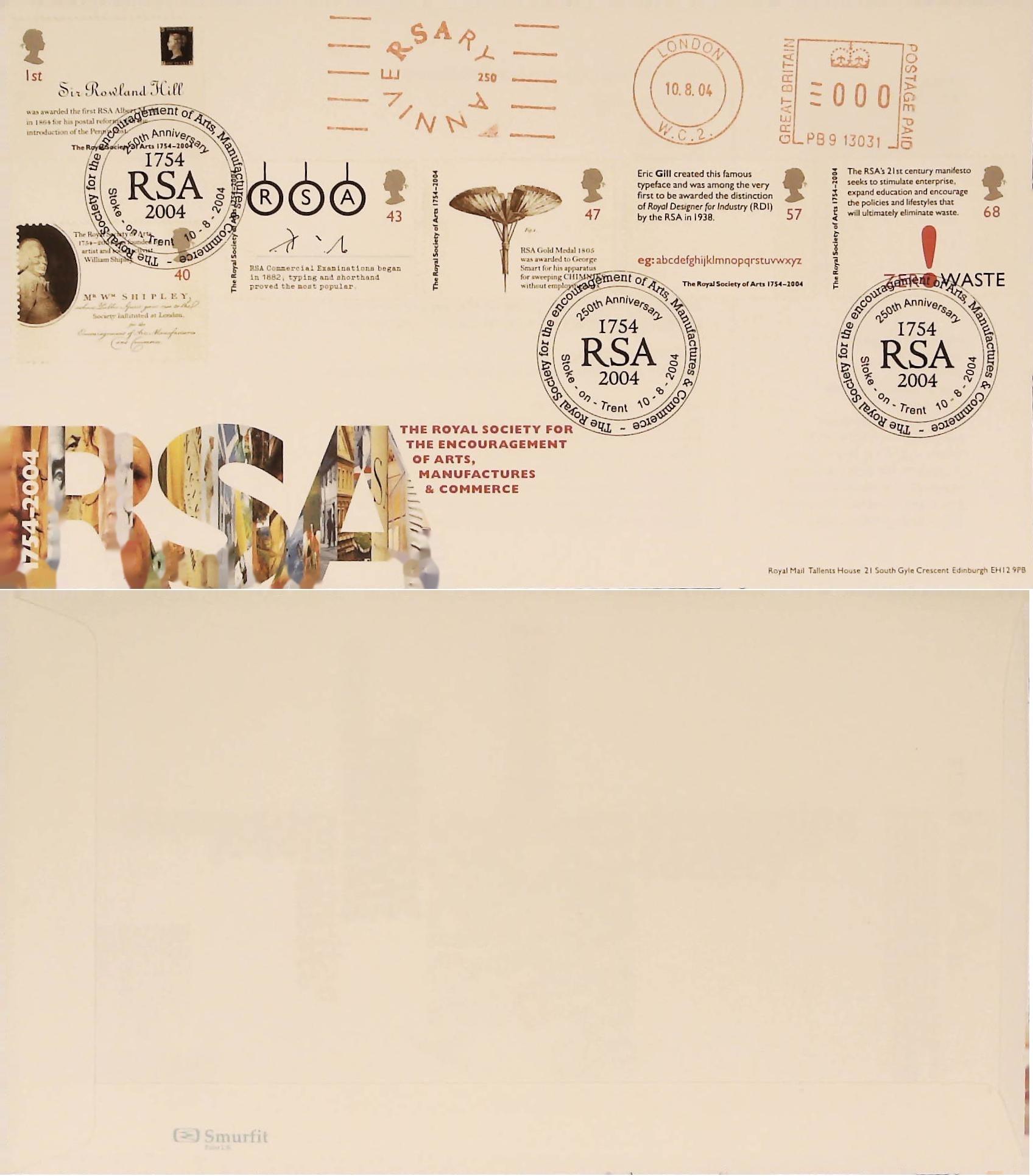 2004 - Royal Society of Arts FDC Meter Mark R S A l & R S A Stoke Handstamp