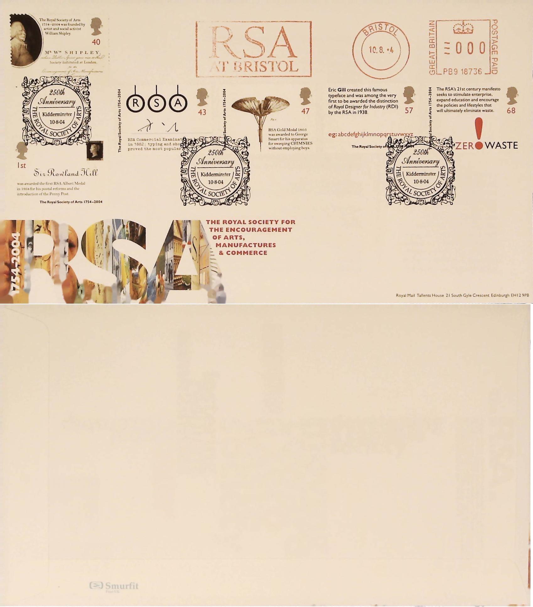 2004 - Royal Society of Arts FDC Meter Mark R S A Bristol & R S AKidderminster Handstamp