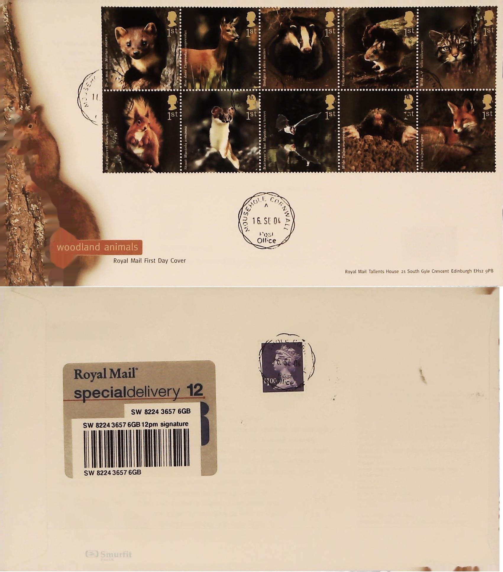 2004 - Woodland Animals FDC C D S Mousehole Handstamp