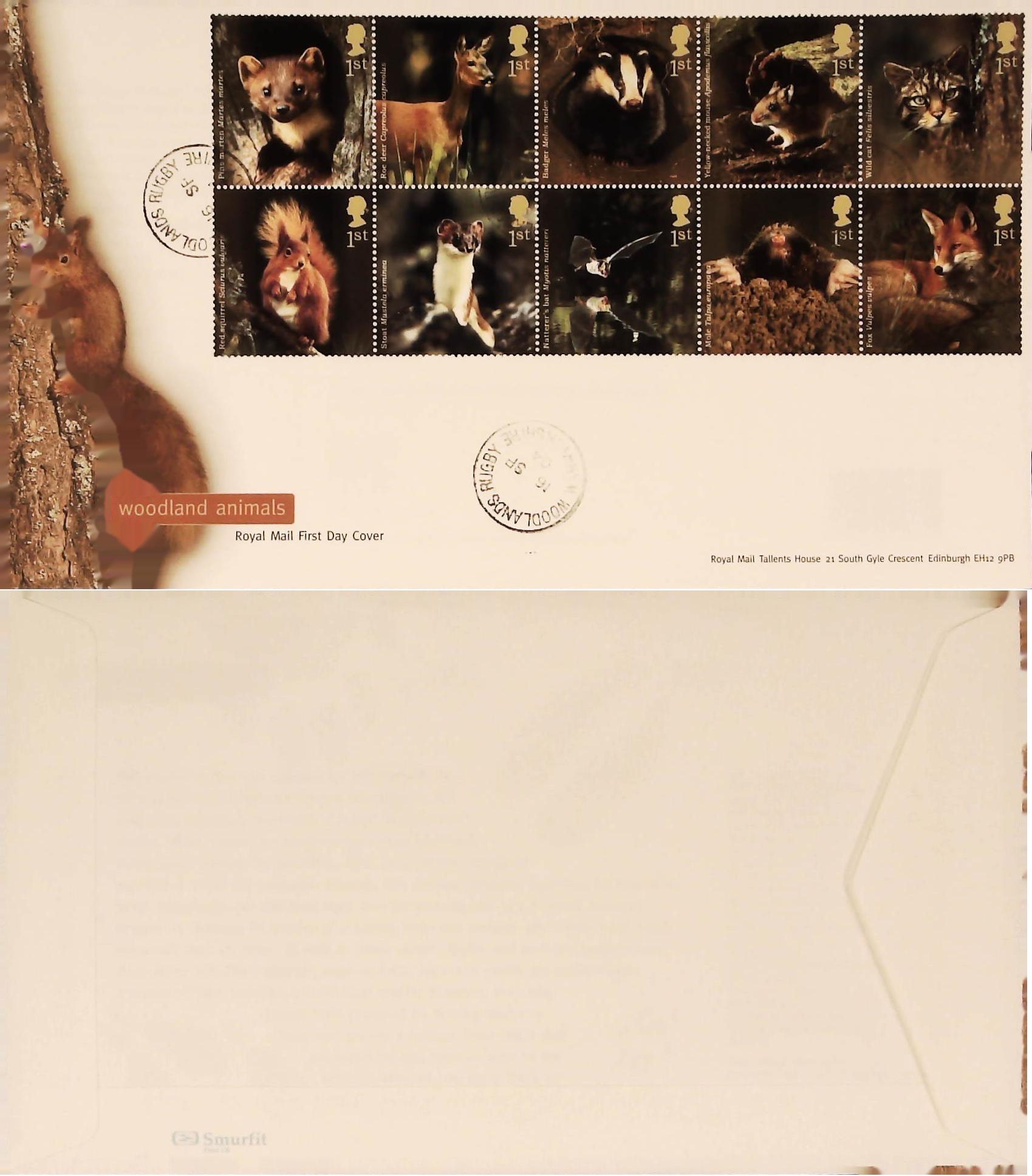 2004 - Woodland Animals FDC C D S Woodlands, Rugby Handstamp