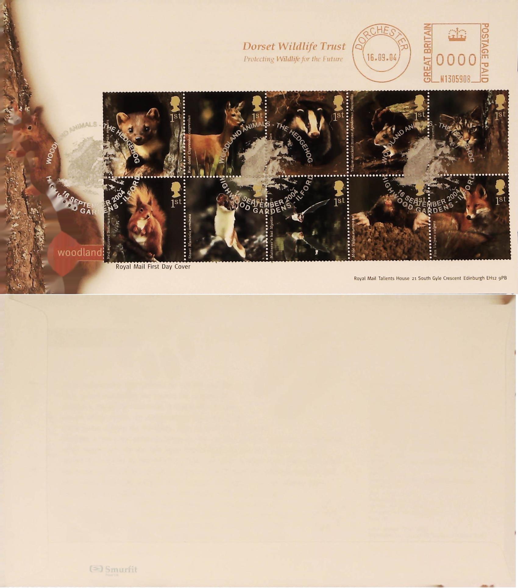 2004 - Woodland Animals FDC Meter Mark Dorset Wildlife Trust & Hedgehog Handstamp