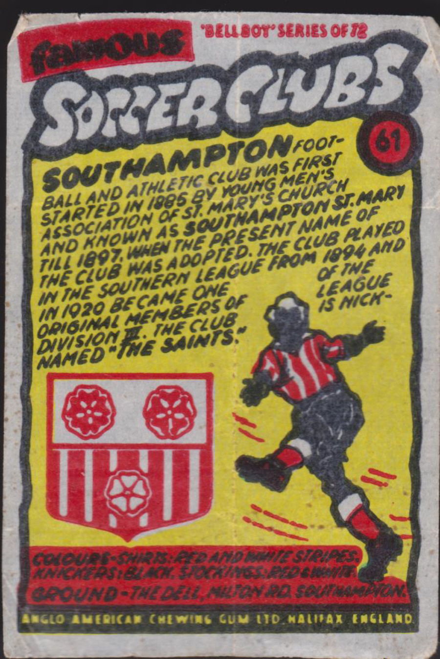 Anglo-American-Chewing-Gum-Wax-Wrapper-Famous-Soccer-Clubs-No-61 - Southampton - Click Image to Close