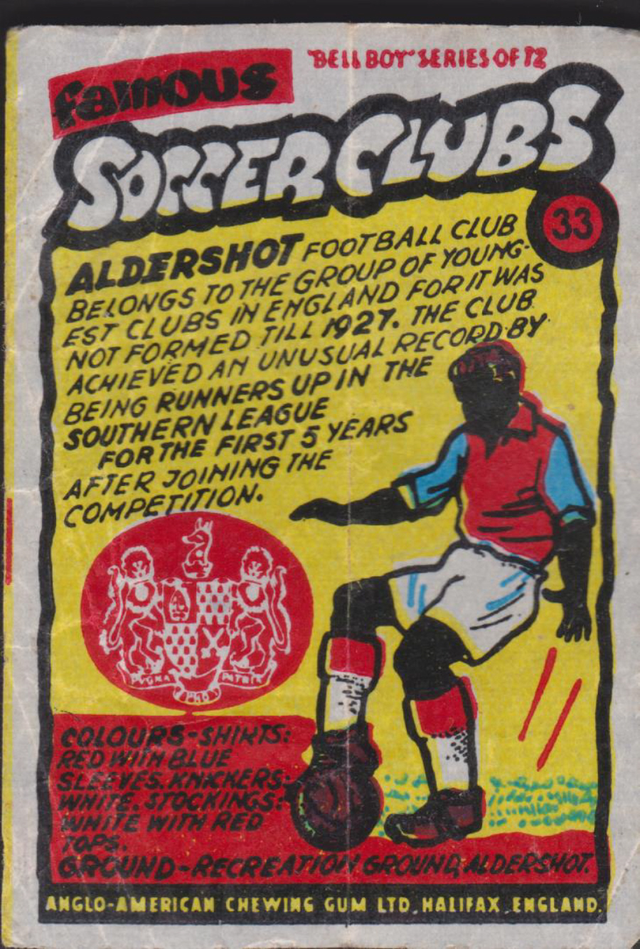 Anglo-American-Chewing-Gum-Wax-Wrapper-Famous-Soccer-Clubs-No-33 -Aldershot