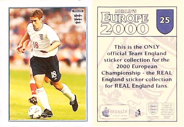 Merlin Europe 2000 Football Stickers The England Team No 25: Michael Owen - England