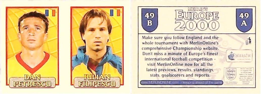 Merlin Europe 2000 Football Stickers Group A 2000 Sticker No 49: Dan Petrescu - Julian Filipescu - Romania