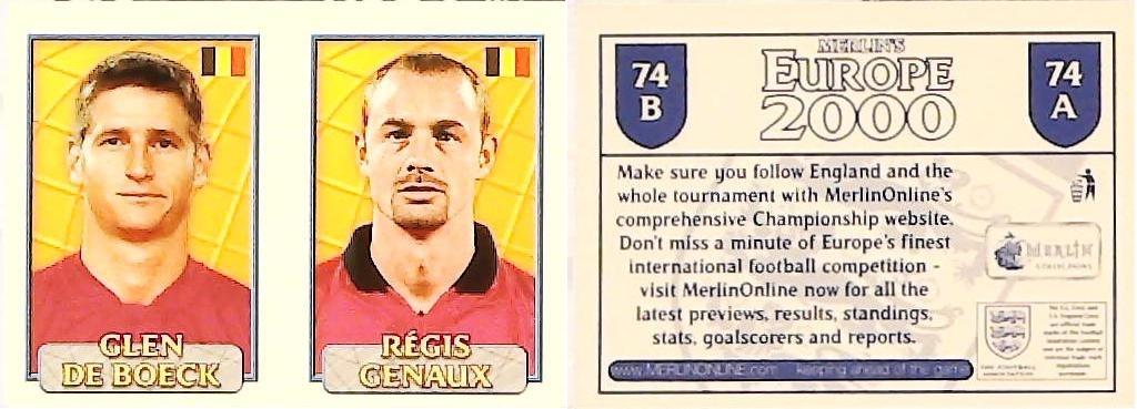 Merlin Europe 2000 Football Stickers Group A 2000 Sticker No 74: Glen De Boeck - Régis Genaux - Belgium