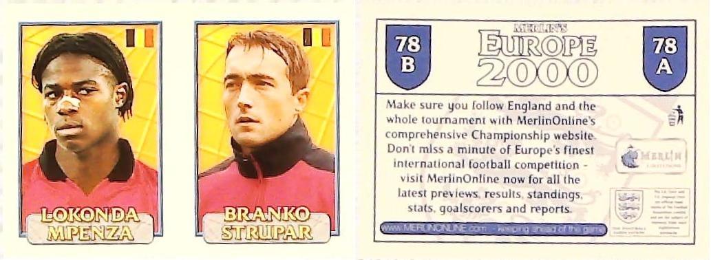 Merlin Europe 2000 Football Stickers Group A 2000 Sticker No 78: Lokonda Mpenza - Branco Strupar - Belgium
