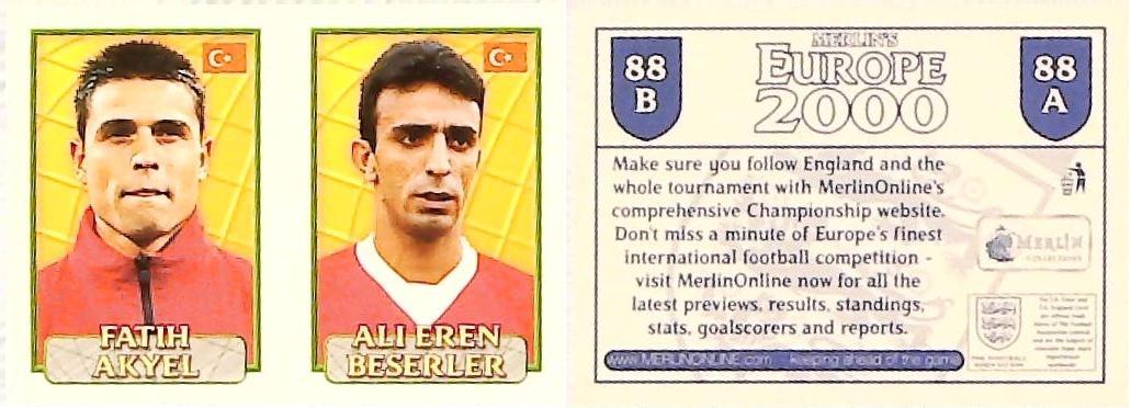 Merlin Europe 2000 Football Stickers Group A 2000 Sticker No 88: Fatih Alyel - Ali Eren Beserier - Turkey