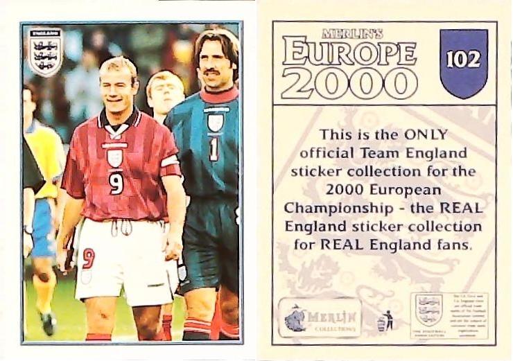 Merlin Europe 2000 Football Stickers Group A 2000 Sticker No 102: Alan Shearer, Paul Scholes and David Seaman -