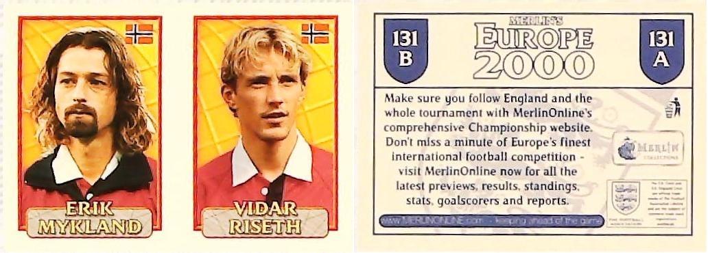 Merlin Europe 2000 Football Stickers Group C 2000 Sticker No 131: Erik Mykland - Vidar Riseth - Norway