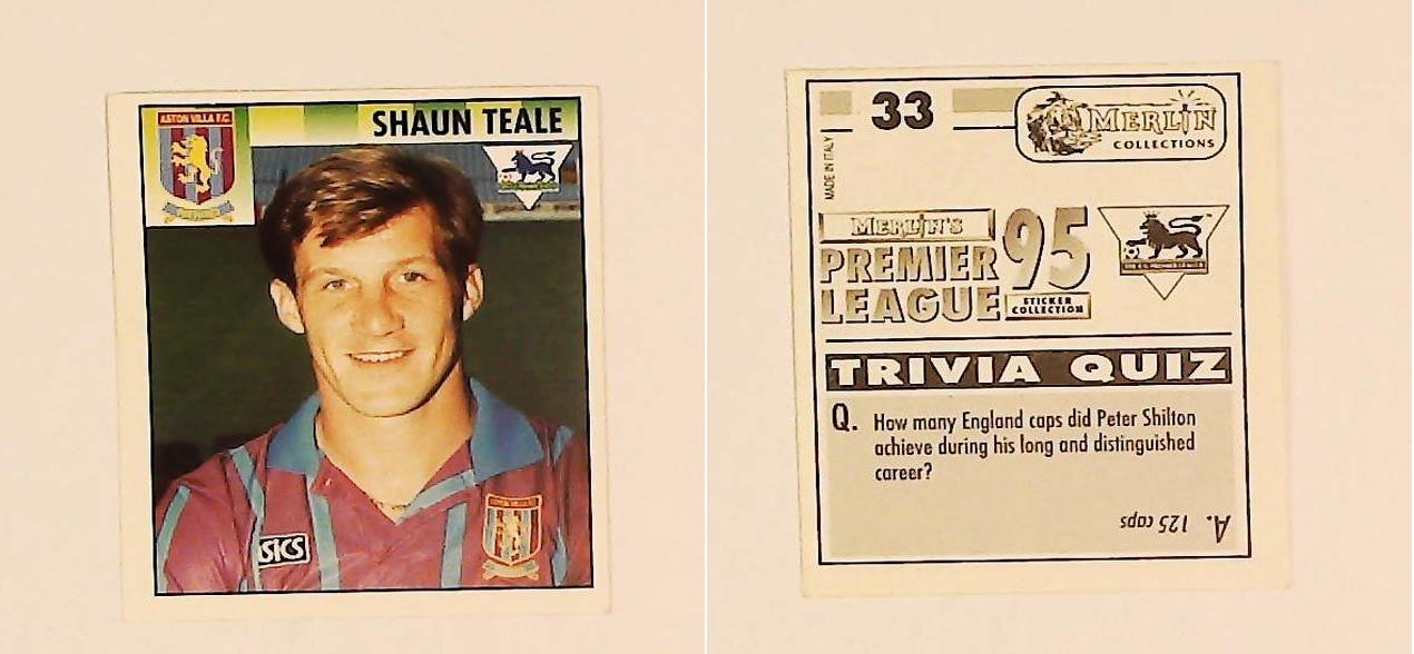 Merlin FA Premier League 95 Sticker No.33. Shaun Teale (Aston Villa) Merlin FA Premier League 95 Sticker No.33. Shaun Teale (Aston Villa)
