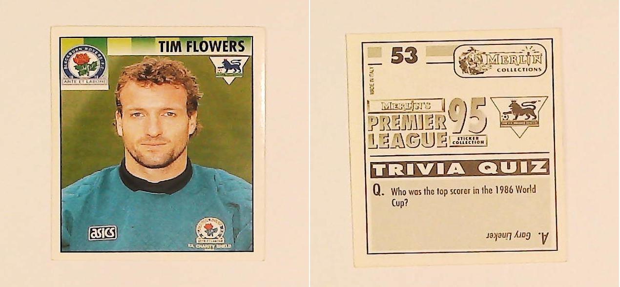 Merlin FA Premier League 95 Sticker No 53.  Tim Flowers (Blackburn Rovers)