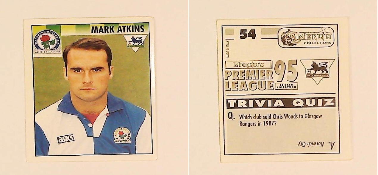 Merlin FA Premier League 95 Sticker No 54.  Mark Atkins (Blackburn Rovers)