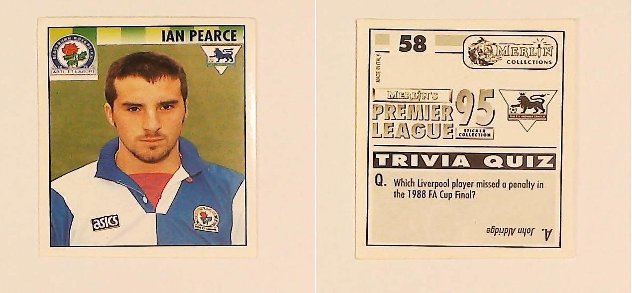 Merlin FA Premier League 95 Sticker No 58.  Ian Pearce (Blackburn Rovers)