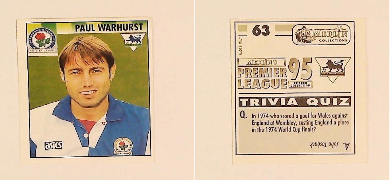 Merlin FA Premier League 95 Sticker No 63.  Paul Warhurst (Blackburn Rovers)