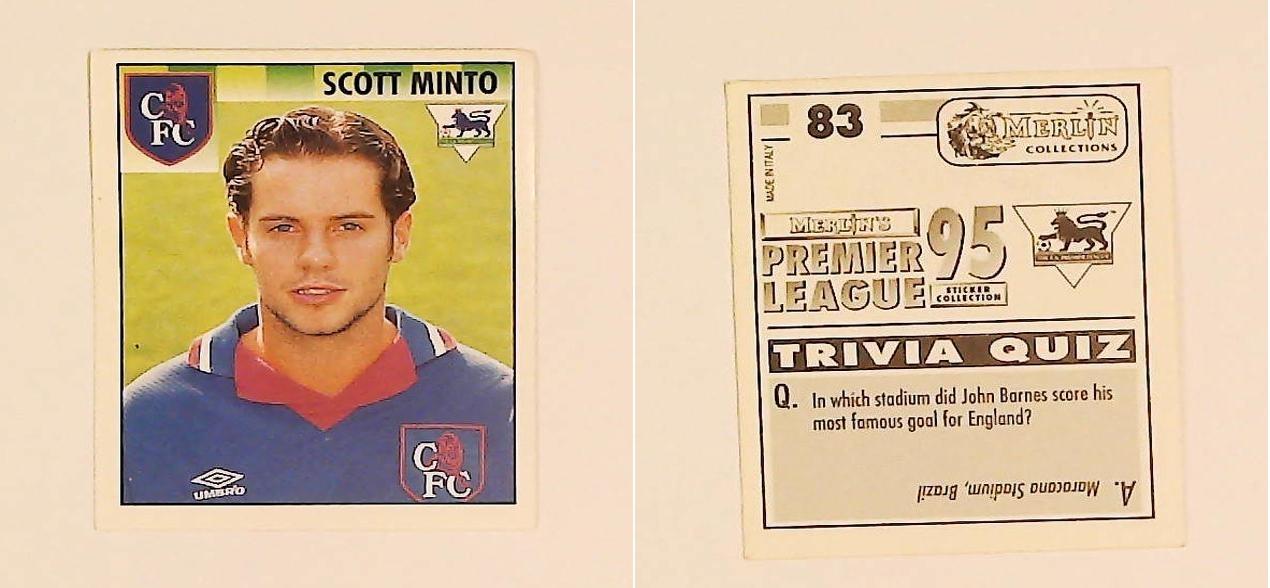 Merlin FA Premier League 95 Sticker No 83. Scott Minto (Chelsea) Merlin FA Premier League 95 Sticker No 83. Scott Minto (Chelsea)