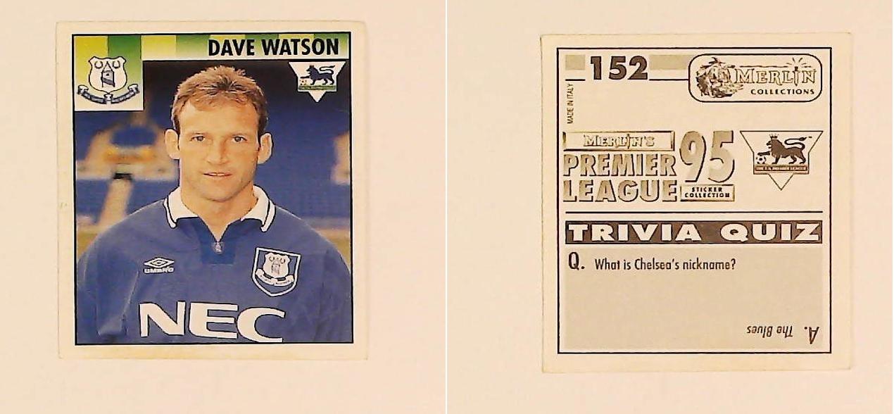 Merlin FA Premier League 95 Sticker No 152.  Dave Watson (Everton)