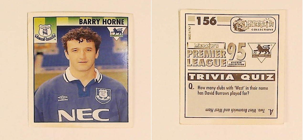 Merlin FA Premier League 95 Sticker No 156.  Barry Horne (Everton)