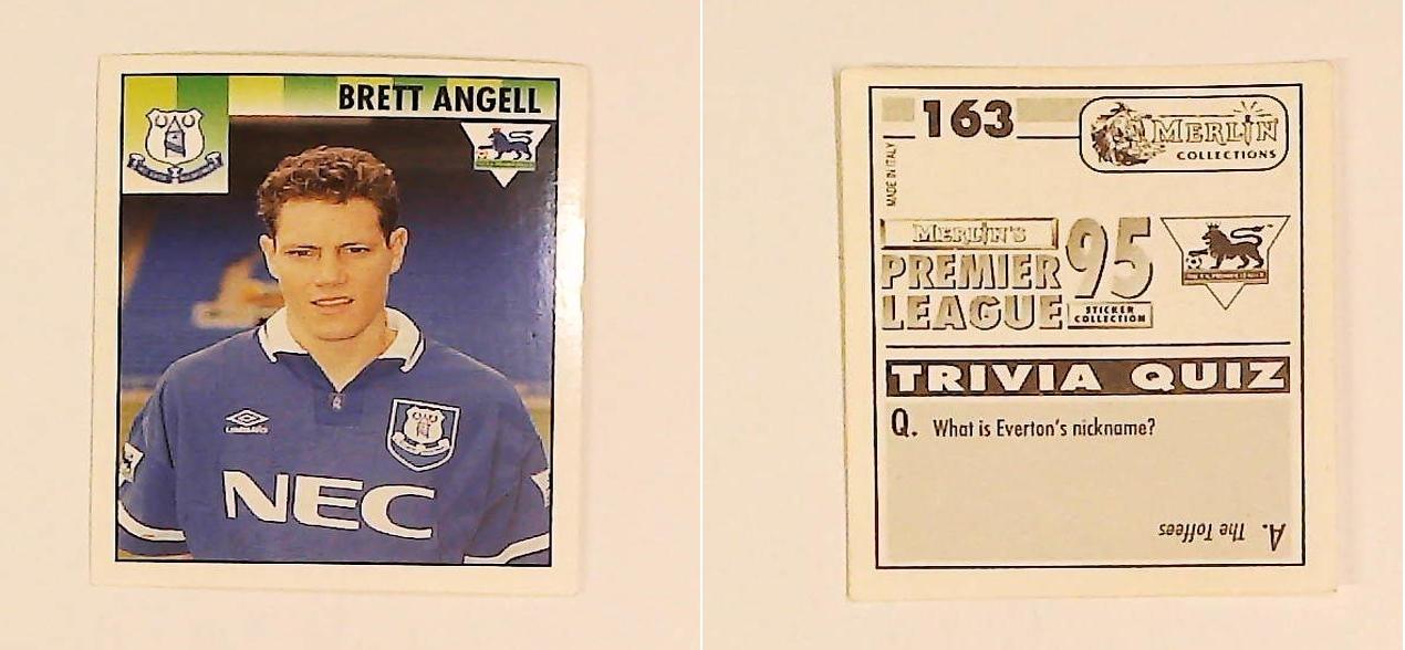 Merlin FA Premier League 95 Sticker No 163.  Brett Angell (Everton)