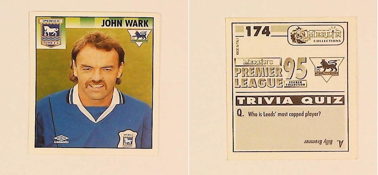 Merlin FA Premier League 95 Sticker No 174.  John Wark (Ipswich Town)