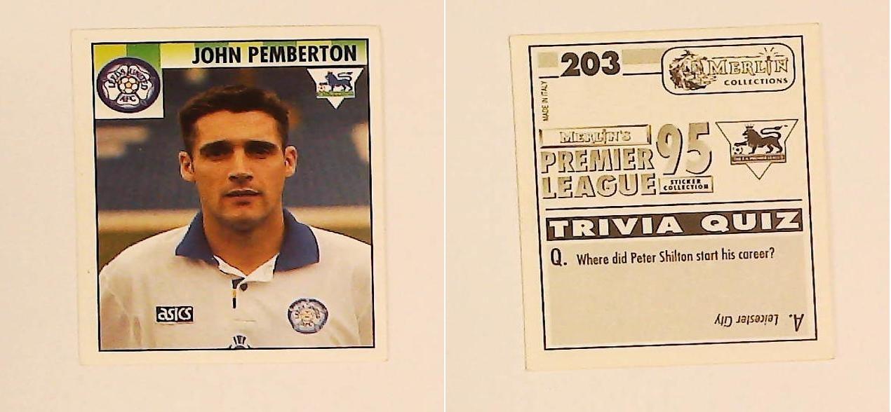 Merlin FA Premier League 95 Sticker No 203.  John Pemberton (Leeds United)