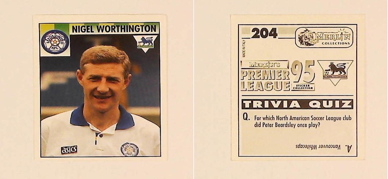 Merlin FA Premier League 95 Sticker No 204.  Nigel Worthington (Leeds United)