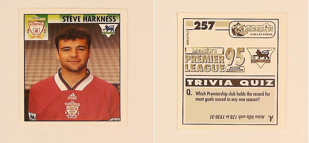 Merlin FA Premier League 95 Sticker No 257.  Steve Harkness (Liverpool)