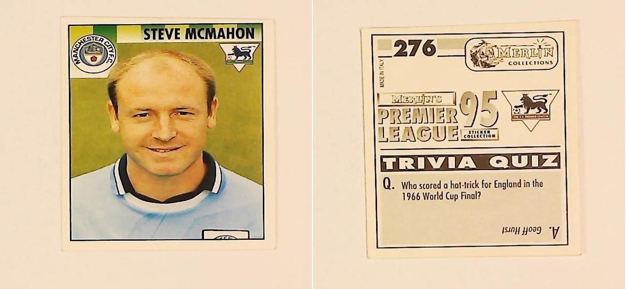 Merlin FA Premier League 95 Sticker No 276.  Steve McMahon (Manchester City)