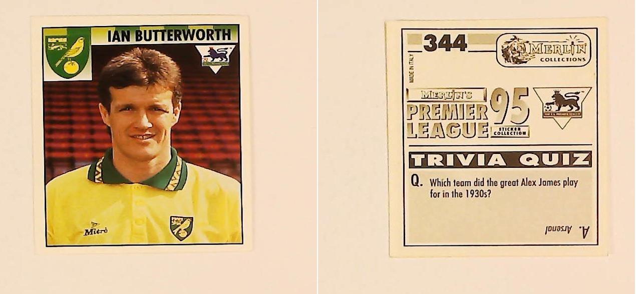 Merlin FA Premier League 95 Sticker No 344.  Ian Butterworth (Norwich City)