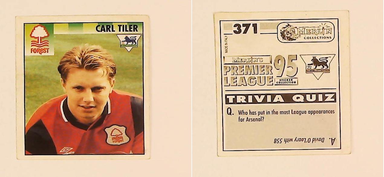 Merlin FA Premier League 95 Sticker No 371.  Carl Tiler (Nottingham Forest)
