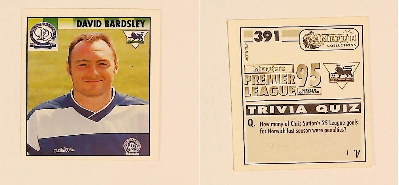 Merlin FA Premier League 95 Sticker No 391.  David Bardsley (Queens Park Rangers)