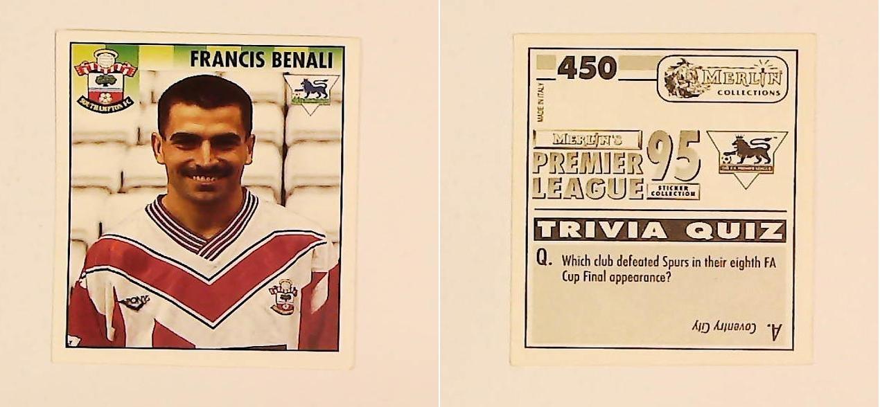 Merlin FA Premier League 95 Sticker No 450.  Francis Benali (Southampton)