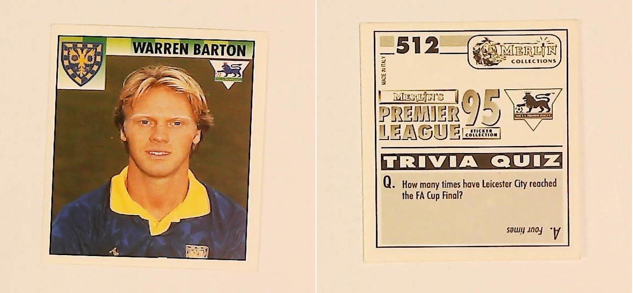 Merlin FA Premier League 95 Sticker No512.  Warren Barton (Wimbledon)