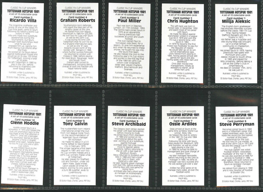 Tottenham Hotspur 1981 FA Cup winners football trading cards 