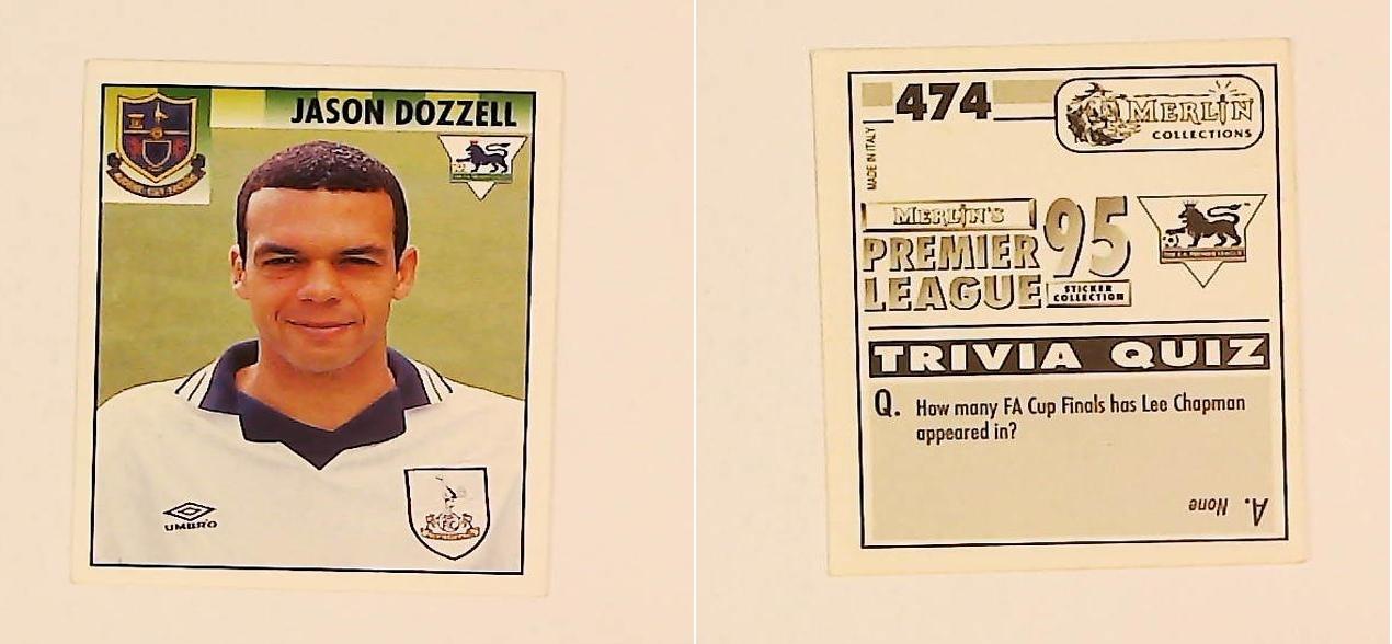 Merlin FA Premier League 95 Sticker No 474.  Jason Dozzell (Tottenham Hotspur)