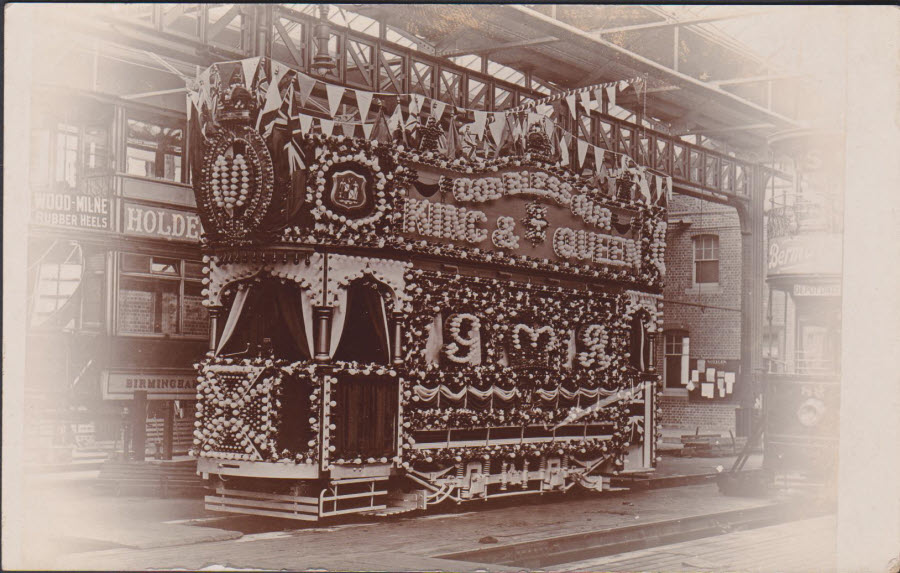Postcard Birmingham City Centre Decorated Tram with God Bless the King & Queen