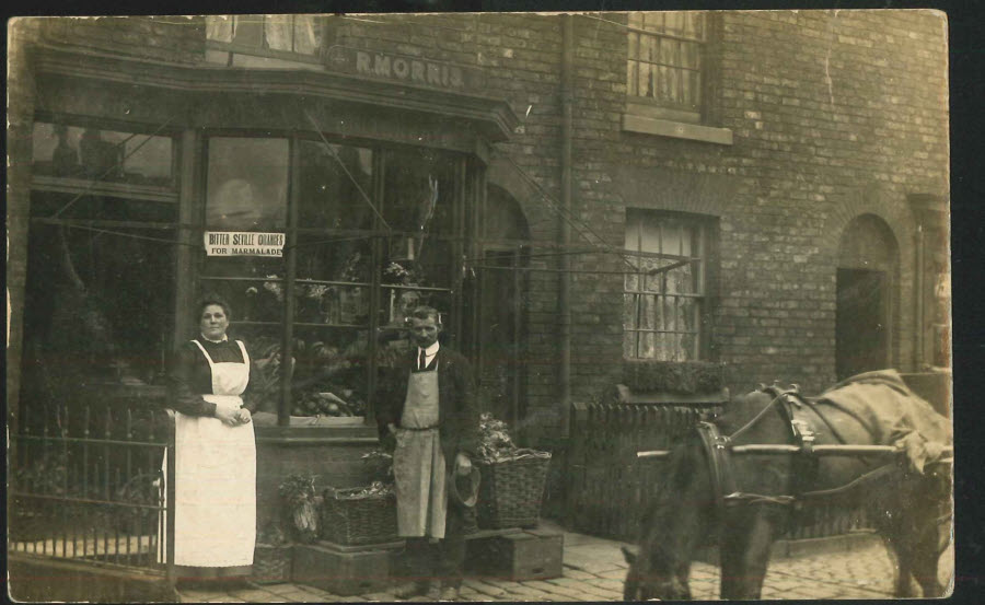 Postcard - R.Morris Grocer Blackburn Road Radcliffe, Manchester 1918