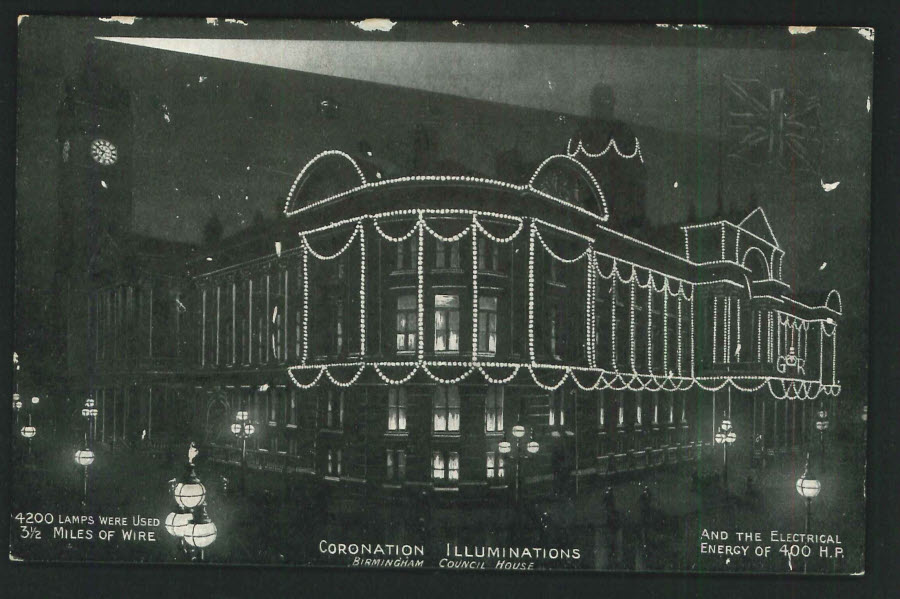 Postcard Birmingham - Coronation Illuminations Birmingham Council House