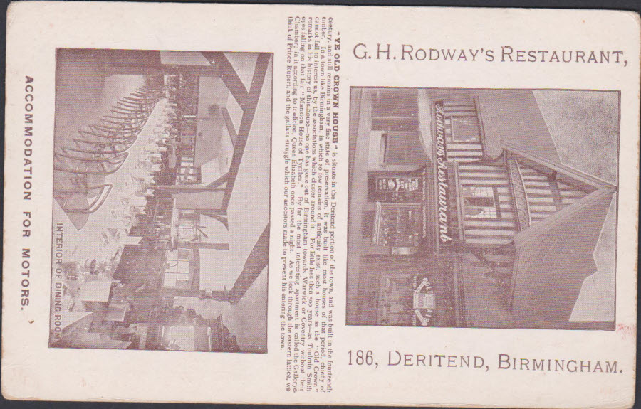 Postcard - Ye Old Crown House G.H.Rodway's Restuarant Deritend Birmingham