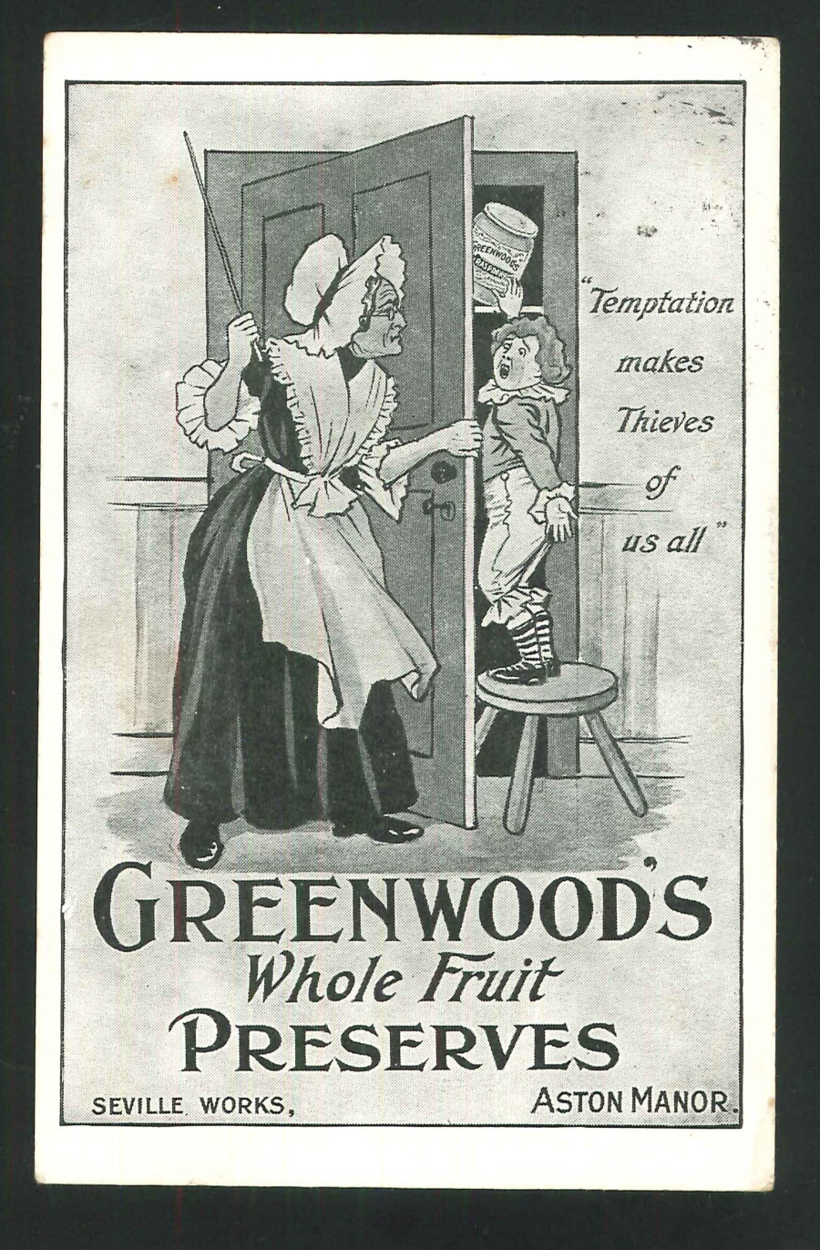 Postcard Birmingham Greenwoods Whole Fruit Preserves Advert Seville Works, Aston Manor1904