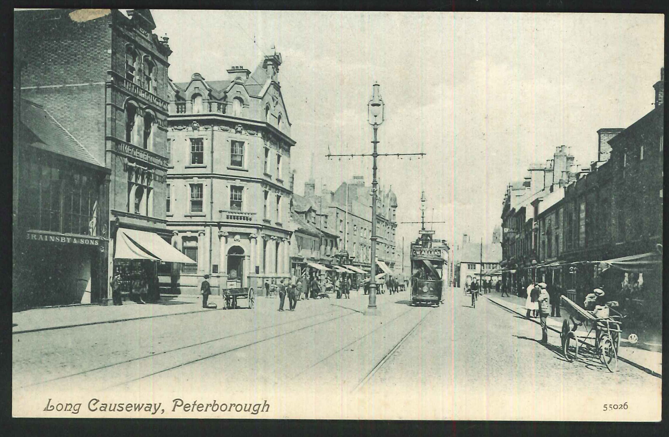 Postcard Tram on Long Causeway Peterborough - Click Image to Close