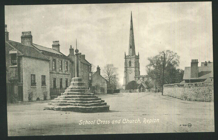 Postcard School Cross & Church Repton Derbyshire - Click Image to Close