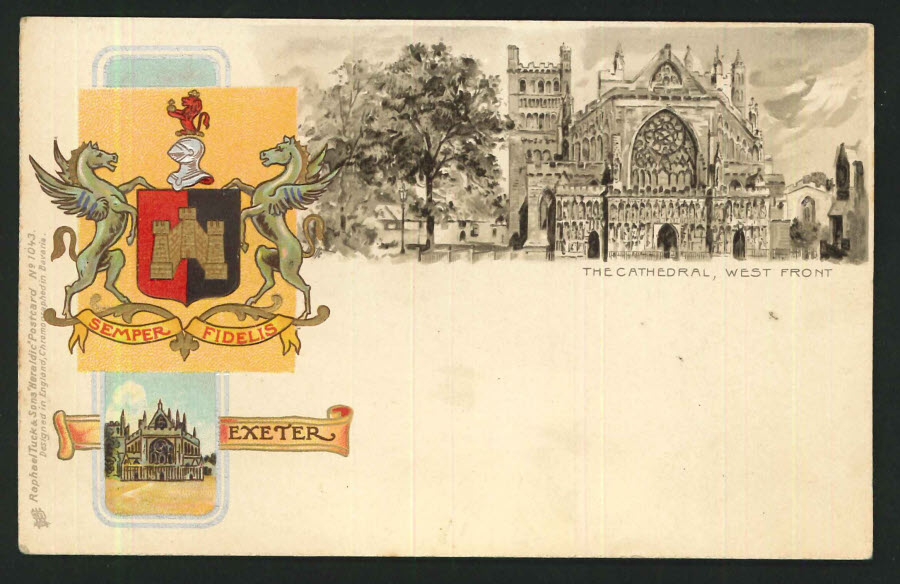 Postcard Heraldic Exeter West Front Cathedral - Click Image to Close