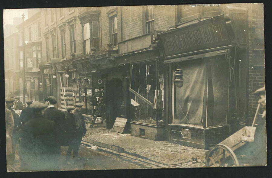 Real Photo Postcard Shop Fronts with Damage Cradley Heath Staffs c1910 - Click Image to Close