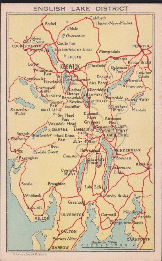 Postcard- Maps - English Lake District used by Hall & Co